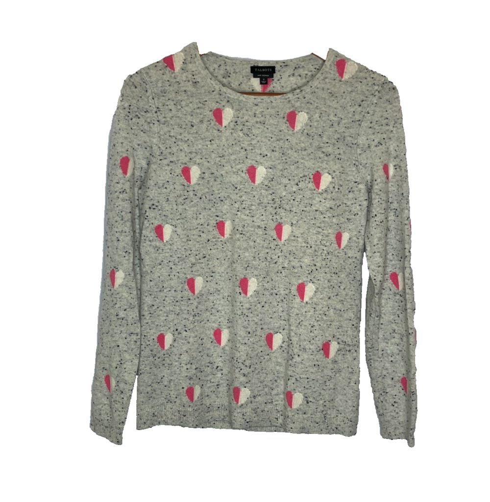 Women's Small Talbots 100% Cashmere Gray Heart Crewneck Sweater